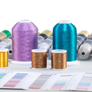 Madeira Metallic & Supertwist threads blue, gold, bronze, and purple